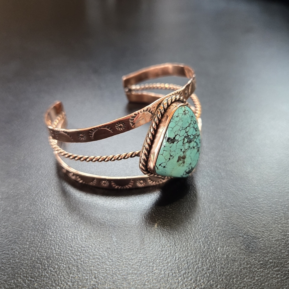Turquoise Copper Engraved Cuff Bracelet - Picture 5 of 6